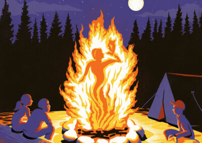 Goddess Minerva emerging from campfire
