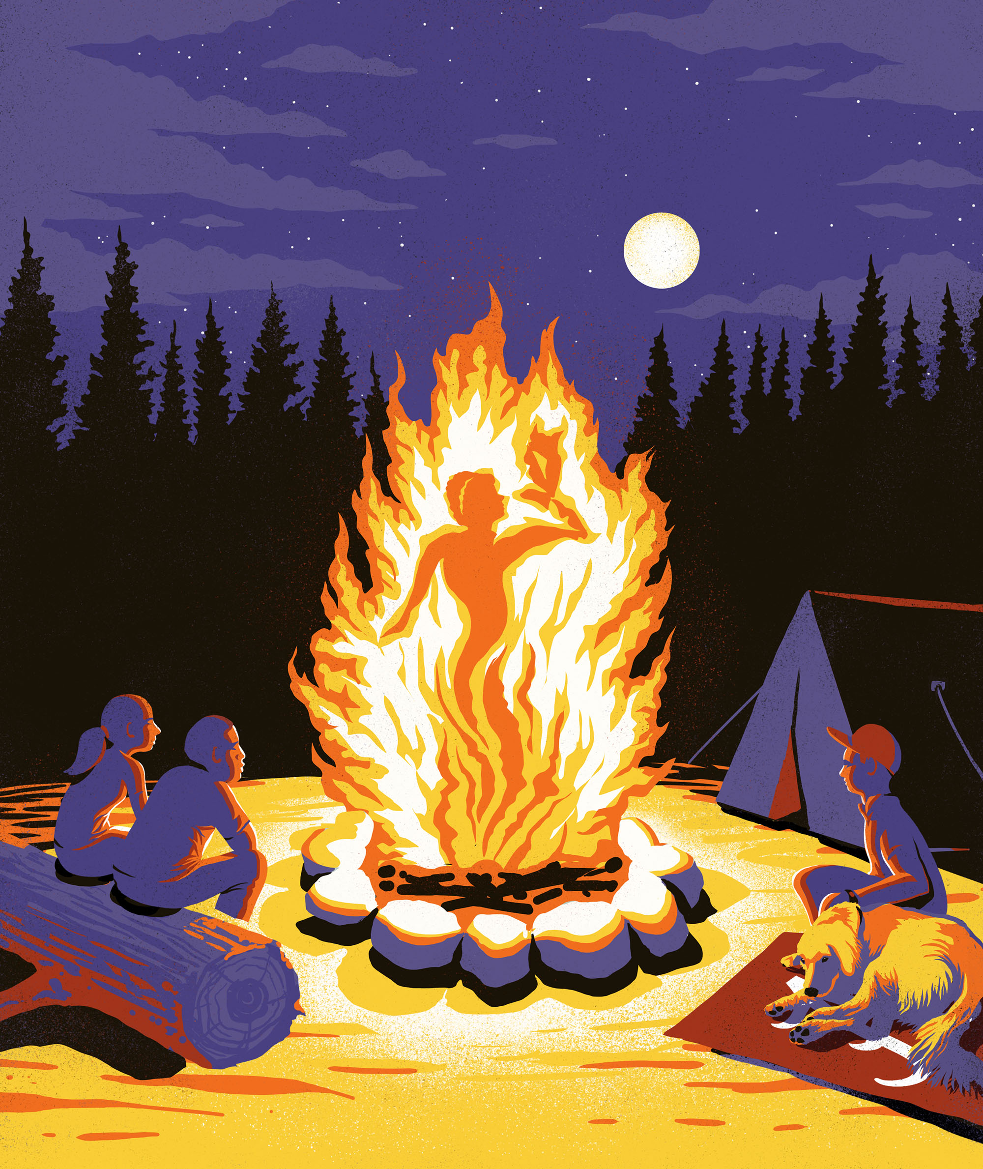 Goddess Minerva emerging from campfire