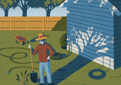 Man planting sapling with casted shadow of full grown tree.