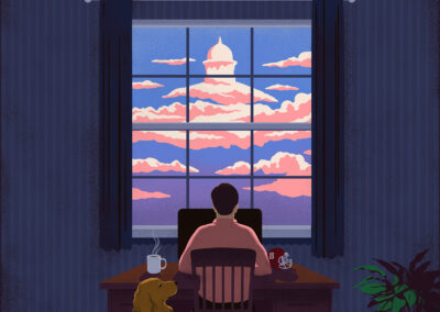 Man at desk with dog looking at building shaped clouds out the window.
