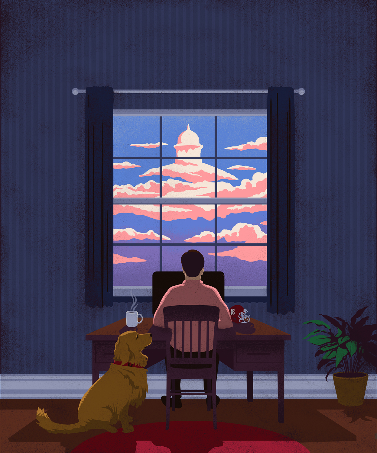 UA 25 Winter Final copy2 Man at desk with dog looking at building shaped clouds out the window.