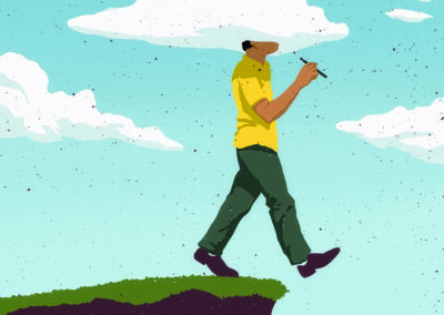 Man walking off cliff with head in vape cloud