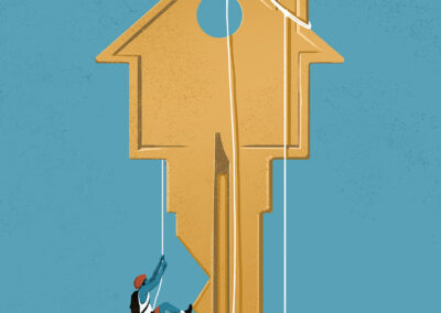 Man climbing a house key with rope cutt off