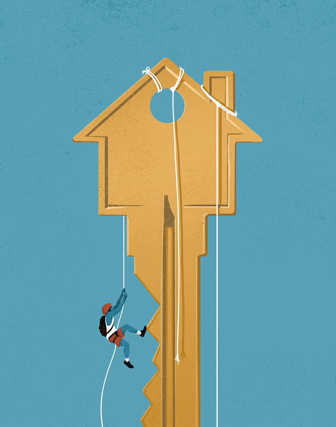 Man climbing a house key with rope cutt off
