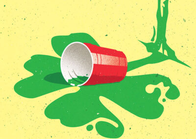 Solo cup spilled green beer shaped like shamrock